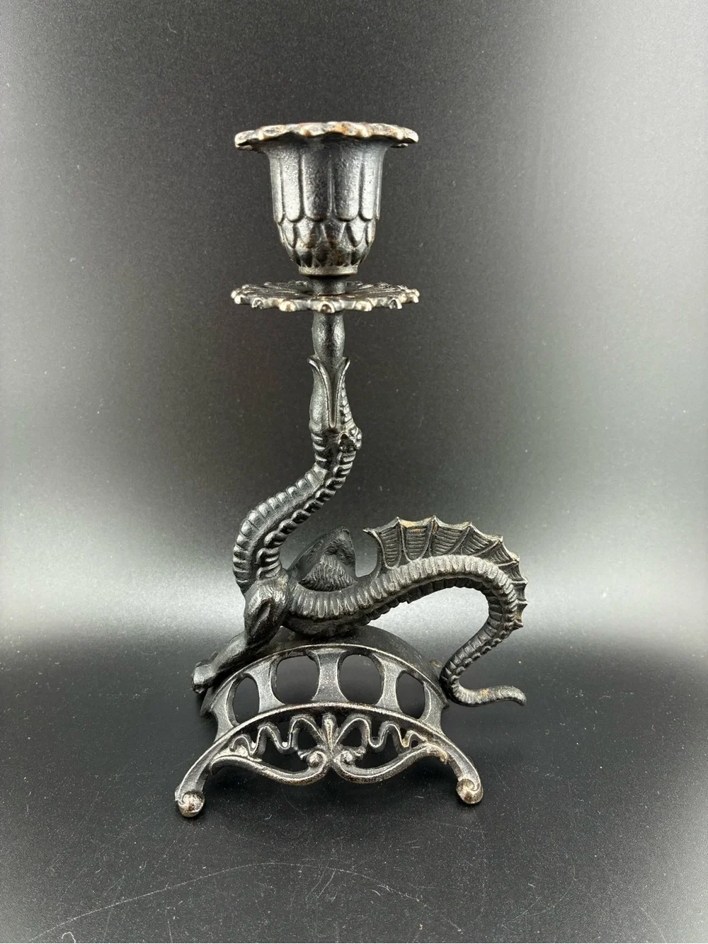 Vintage cast iron Dragon Candle Holder - Black